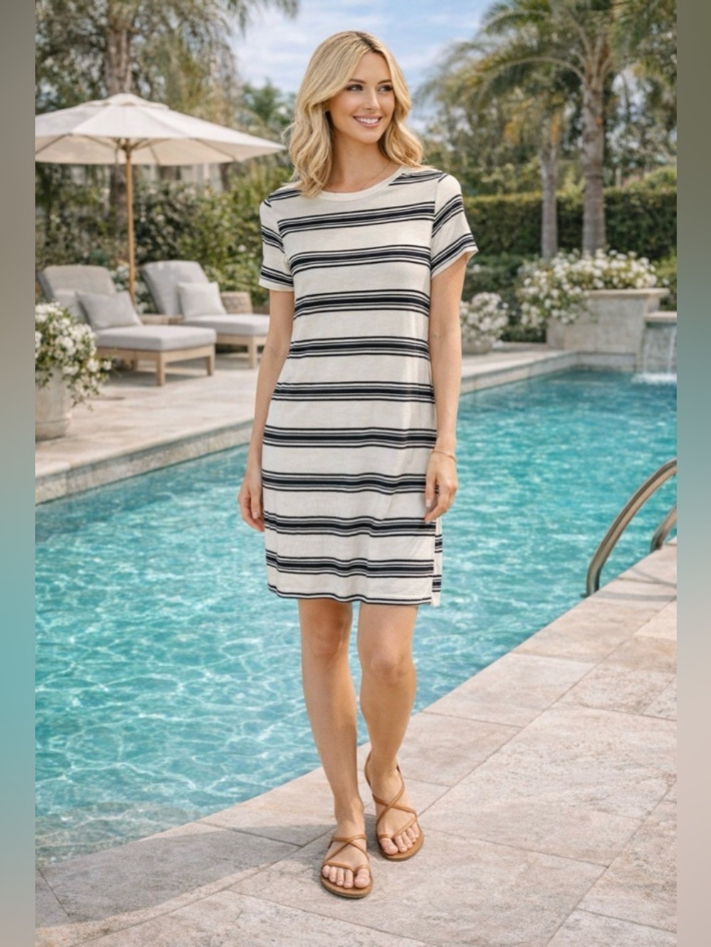 H.I.P Studio Striped T Shirt Dress XS Black Cream Casual Minimalist Bodycon